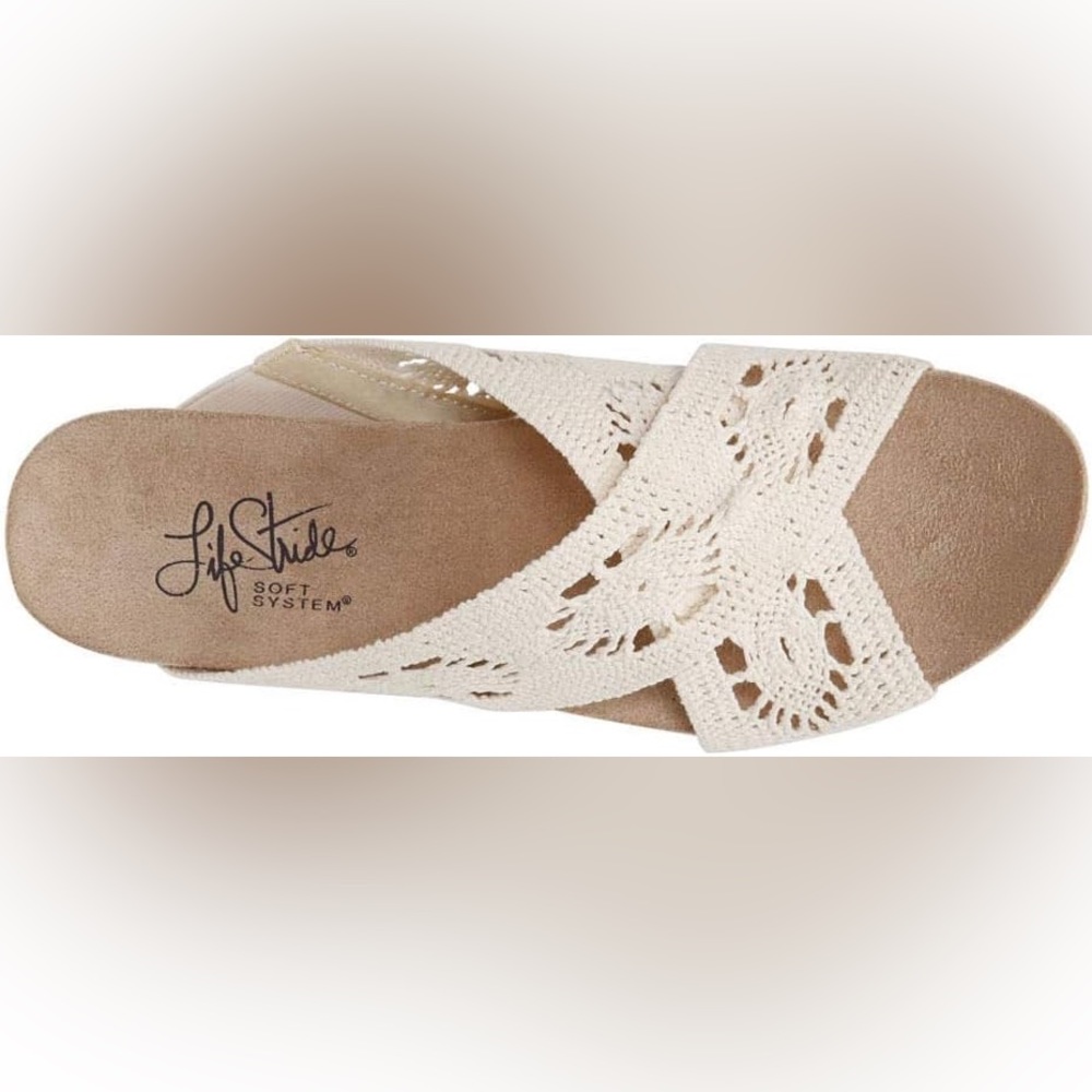 Life Stride Donna macramé wedge sandals EUC Sz 7 cork heel cushion footbed - Picture 4 of 11